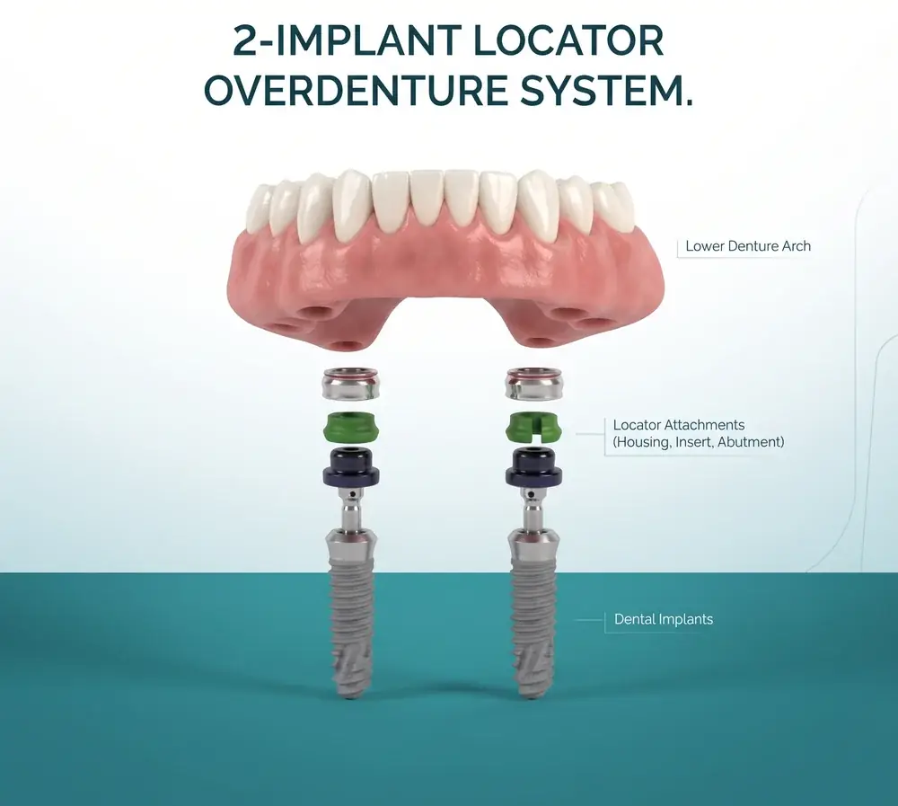 Diagram of a 2-implant Locator overdenture: lower denture, Locator attachments and dental implants